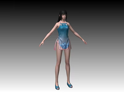 Woman In Blue Sleeveless Dress With Pink Trim And Blue Shoes On Gradient Background 3d model