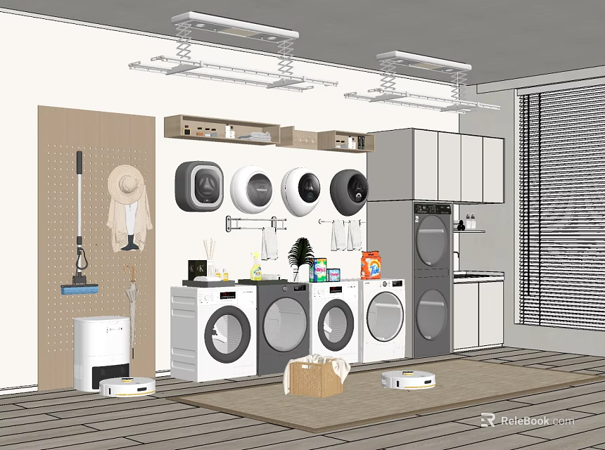 Modern Laundry Room With Multiple Washing Machines Cabinets And Cleaning Tools 3d model 