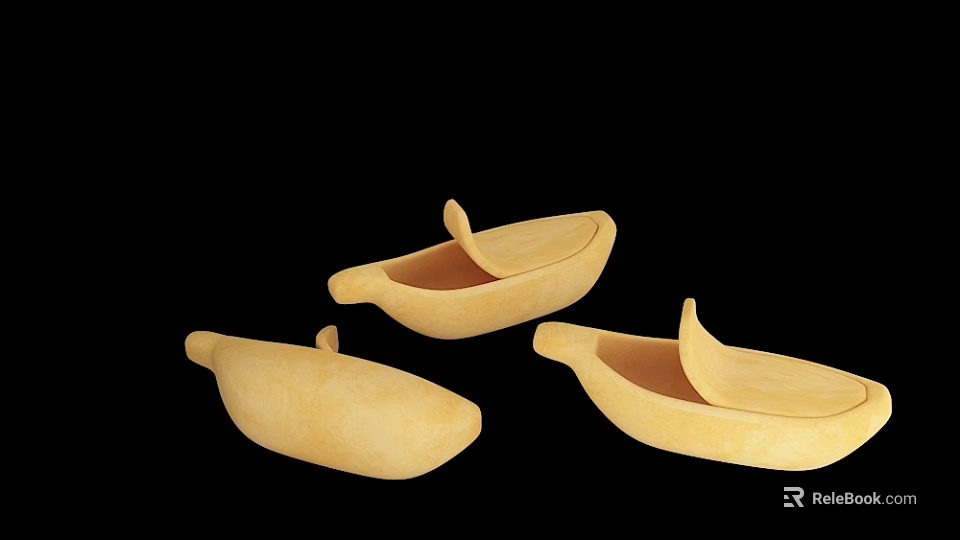 Three Yellow Boat Shaped Decorative Craft Objects On Black Background 3d model 