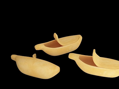 Three Yellow Boat Shaped Decorative Craft Objects On Black Background 3d model