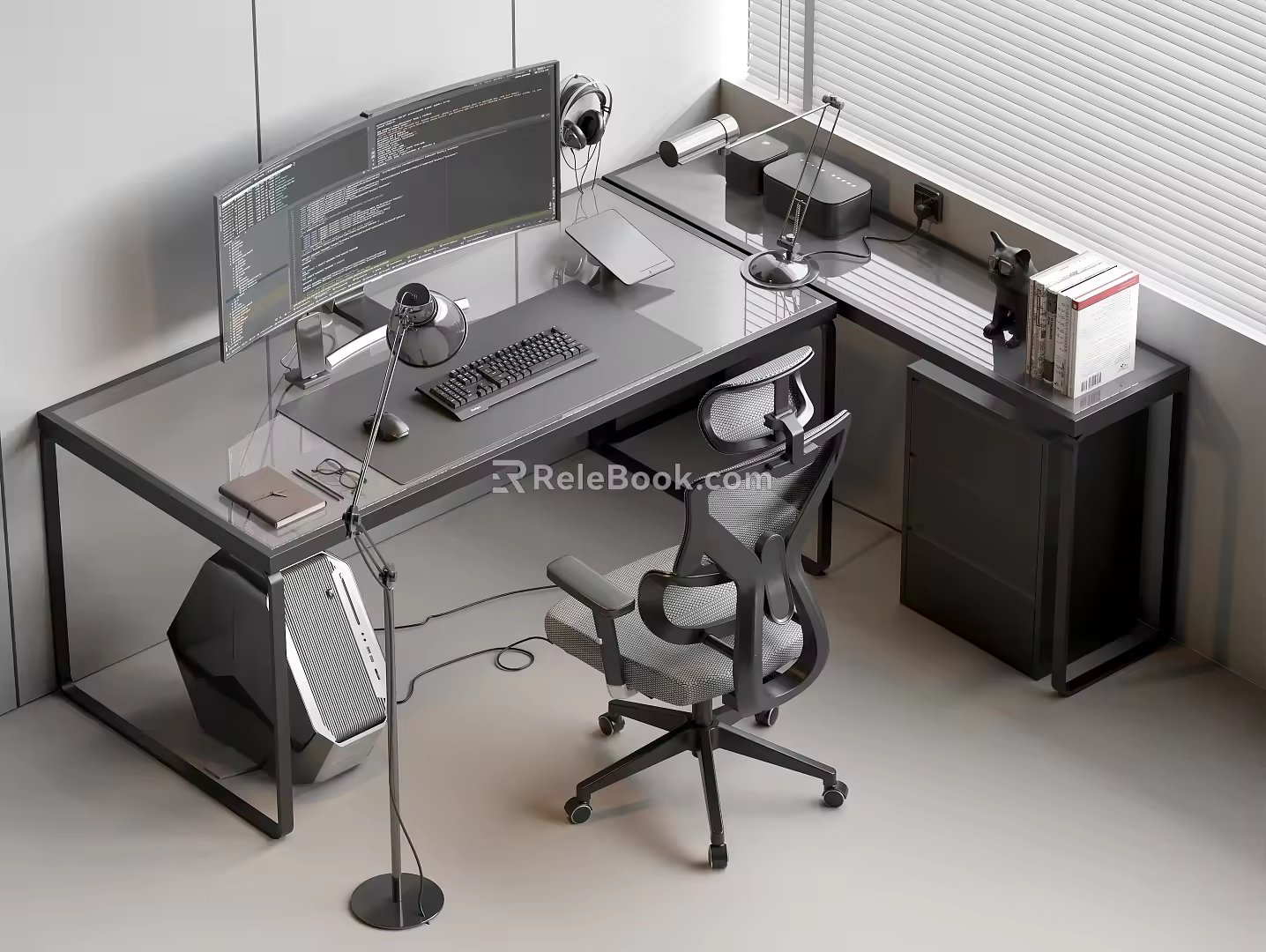 Glass Computer Desk Computer Desk Combination Cabinet Casual Swivel Chair Desktop Computer Metal Table Lamp Floor Lamp Audio Headset Keyboard Mouse Tablet PC 3d model