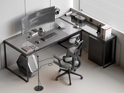 Modern Office Desk And Chair Set With Dual Monitors Ergonomic Chair And File Cabinet 3d model