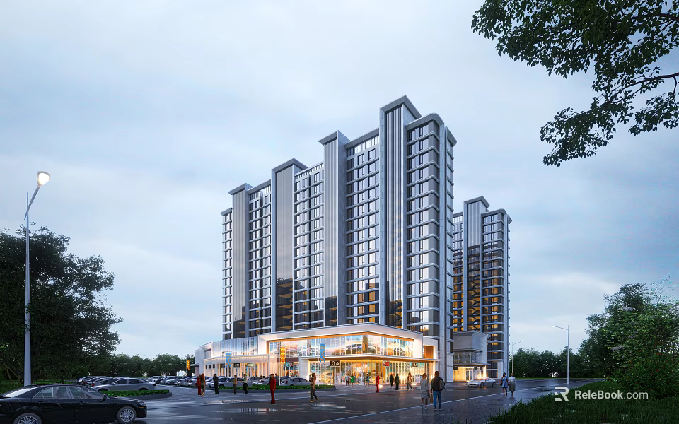 Modern High Rise Residential Building With Glass Curtain Walls And Commercial Ground Floor 3d model 