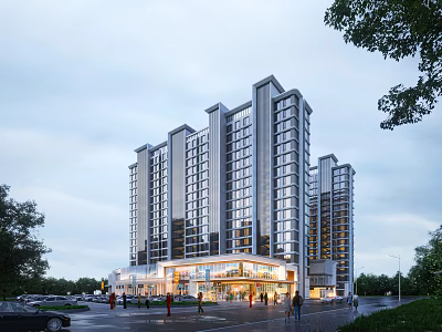 Modern High Rise Residential Building With Glass Curtain Walls And Commercial Ground Floor 3d model