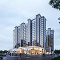 Modern High Rise Residential Building With Glass Curtain Walls And Commercial Ground Floor