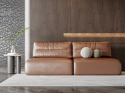 Modern Brown Leather Double Sofa With Wooden Wall Side Table And Decorative Pillows 3d model