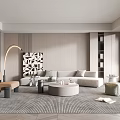 Modern Living Room Interior With Beige Sofa Round Coffee Table Floor Lamp And Decorative Artwork