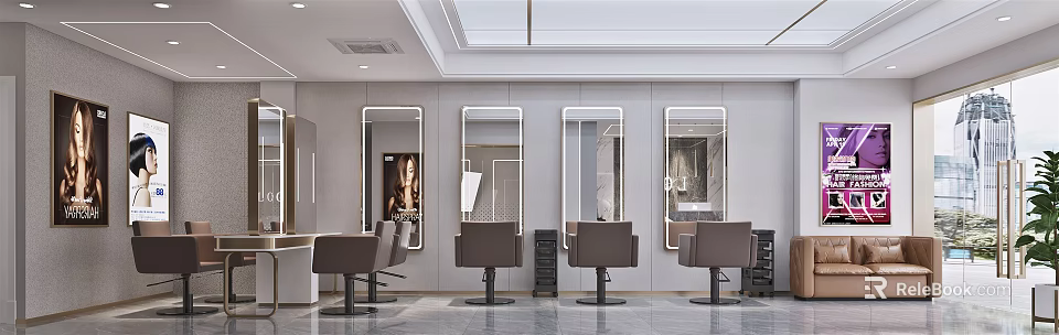 Modern Hair Salon Interior With Styling Chairs And Large Wall Mirrors 3d model 