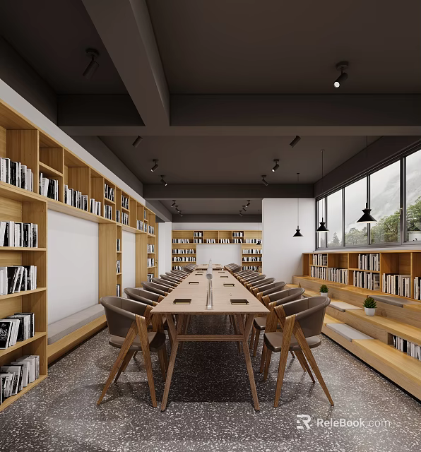 Modern Library Reading Space With Bookshelves Long Table Chairs And Windows 3d model 