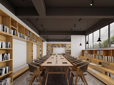 Modern Library Reading Space With Bookshelves Long Table Chairs And Windows 3d model