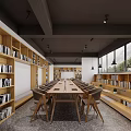 Modern Library Reading Space With Bookshelves Long Table Chairs And Windows