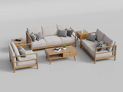 Modern Sofa And Coffee Table Set With Wooden Frame Light Gray Upholstery And Striped Pillows 3d model
