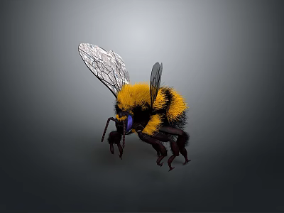 Realistic 3D Rendered Yellow And Black Bee With Transparent Wings And Fuzzy Body 3d model