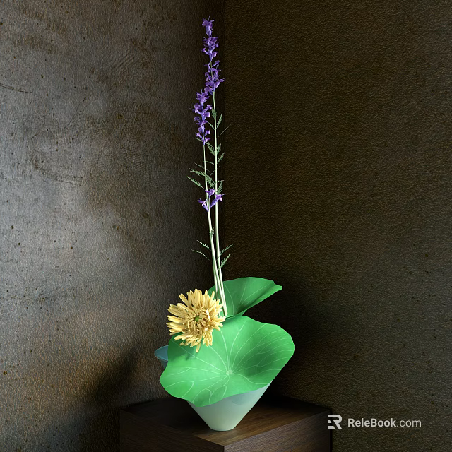 Decorative Ornament Combination Including Purple Flowers Yellow Bloom and Green Leaves 3d model 