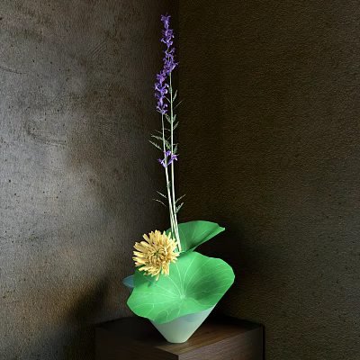 Decorative Ornament Combination Including Purple Flowers Yellow Bloom and Green Leaves 3d model