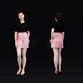 A Woman In Black Top And Pink Skirt With High Heels From Different Angles