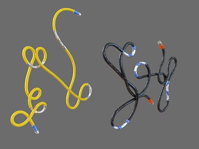 Yellow And Black Coiled Spiral Structures With Blue Ends And Orange Tips 3d model