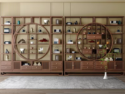 Chinese Traditional Wooden Display Shelves With Circular Hollow Designs And Decorative Ornaments 3d model