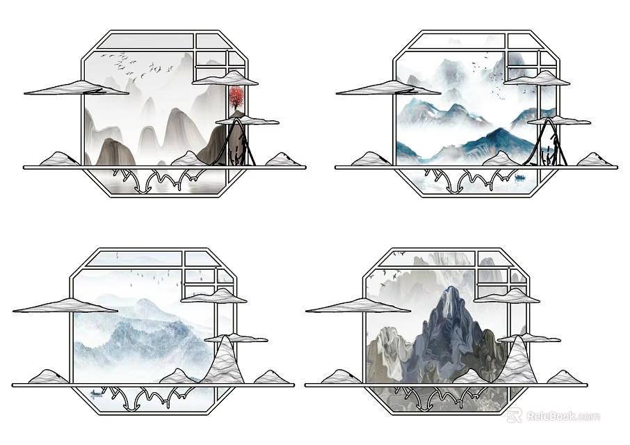 Chinese Style Wall Decor With Mountain Landscape And Octagonal Frame Design 3d model