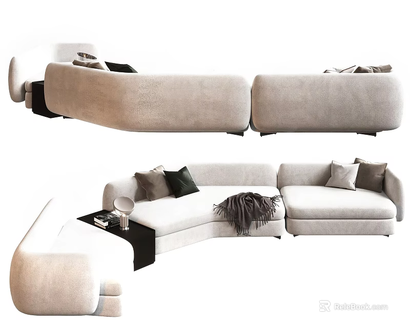 Modern Beige Sectional Sofa With Multiple Throw Pillows And Cozy Blanket 3d model