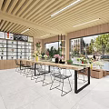 Specialty Store Interior Featuring Wooden Ceiling Slat Partition Circular Mirror Display Shelves And Green Plants