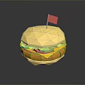Low Poly Style Hamburger With Small Red Flag And Reflection On Dark Background