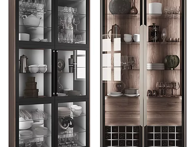 Modern Sideboard With Glass Doors Dinnerware Glassware Wooden Panels Wine Racks And Decorative Items 3d model