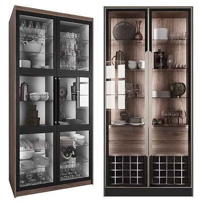 Modern Sideboard With Glass Doors Dinnerware Glassware Wooden Panels Wine Racks And Decorative Items 3d model