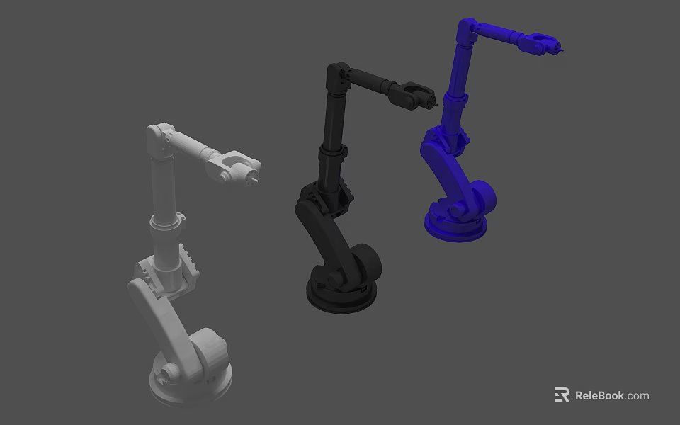 Three Robotic Arms 3D Model Display in White Black and Blue Colors 3d model 
