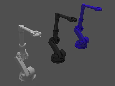 Three Robotic Arms 3D Model Display in White Black and Blue Colors 3d model