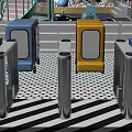 Public Facilities Featuring Modern Turnstiles Colorful Play Zones Striped Seats And Checkered Flooring