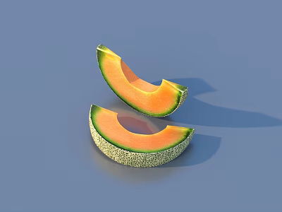 Two Sliced Cantaloupe With Green Textured Rind And Orange Flesh On Blue Background 3d model