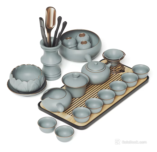 Elegant Celadon Ceramic Tea Set With Teapot Multiple Cups And Wooden Tray 3d model 