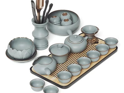 Elegant Celadon Ceramic Tea Set With Teapot Multiple Cups And Wooden Tray 3d model