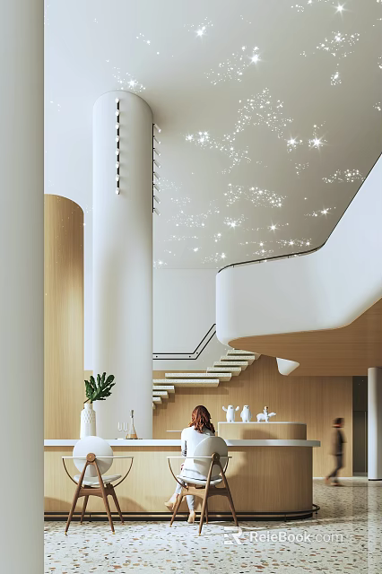 Contemporary Reception Area with Starry Ceiling White Pillars Staircase Wooden Elements and Green Plant 3d model 