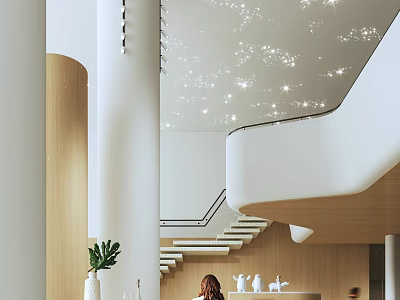Contemporary Reception Area with Starry Ceiling White Pillars Staircase Wooden Elements and Green Plant 3d model
