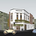 Retro Coffee Shop Storefront With Hanging Plants Yellow Leaf Trees And People