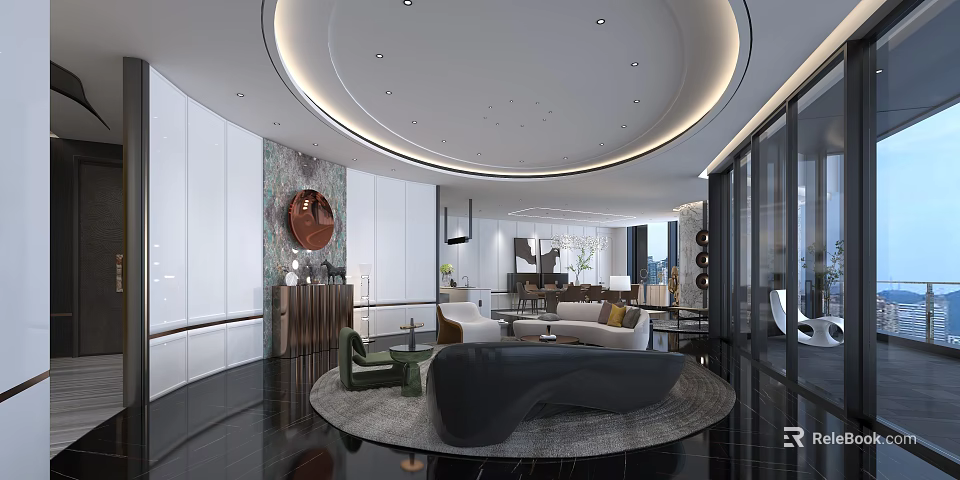 Elegant Modern Living Dining Room Interior With Sofa Dining Table Decorative Painting And Round Rug 3d model 