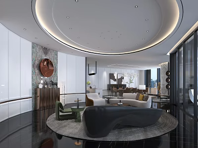 Elegant Modern Living Dining Room Interior With Sofa Dining Table Decorative Painting And Round Rug 3d model