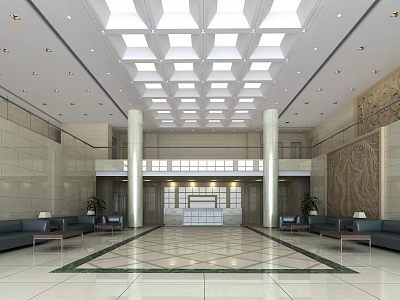Front Desk Reception in Spacious Lobby with Marble Floor Decorative Walls Sofa Seating Ceiling Lights 3d model