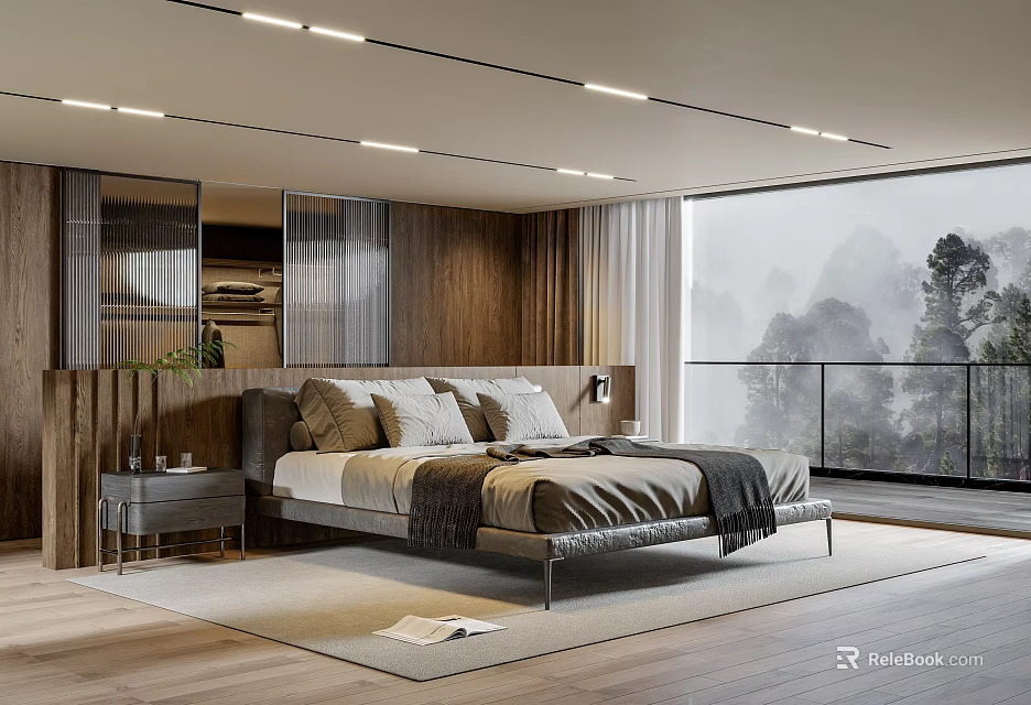 Modern Bedroom Interior With Wooden Elements Large Window Mountain View Bed Nightstand And Rug 3d model 