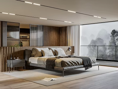 Modern Bedroom Interior With Wooden Elements Large Window Mountain View Bed Nightstand And Rug 3d model