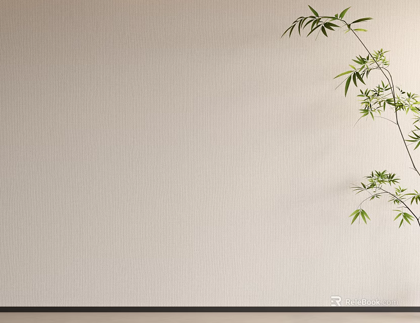 Beige Textured Wall with Green Bamboo Branch and Fresh Leaves 3d model 