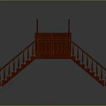 Traditional Red Wooden Staircase Structure With Symmetrical Steps And Decorative Handrails