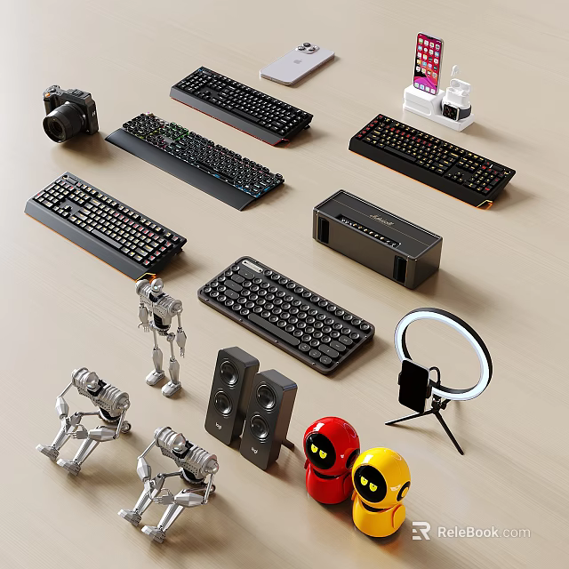 Various Computer Peripherals Collection With Keyboards Cameras Speakers Robot Models Ring Lights 3d model