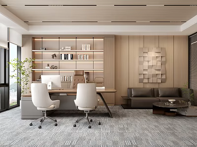 Modern Office Interior With Desk Chairs Bookshelf Sofa Decorative Painting And Green Plant 3d model