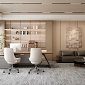 Modern Office Interior With Desk Chairs Bookshelf Sofa Decorative Painting And Green Plant