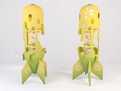 Yellow And Green Rocket Models With UFO Skull Design And Geometric Patterns 3d model
