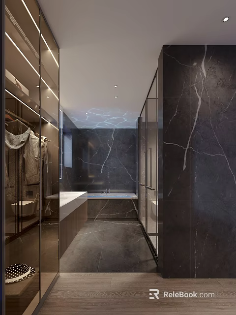 Elegant Modern Bathroom Interior With Dark Natural Marble Finish And Frameless Glass Shower Partitions 3d model 