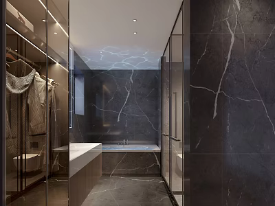 Elegant Modern Bathroom Interior With Dark Natural Marble Finish And Frameless Glass Shower Partitions 3d model